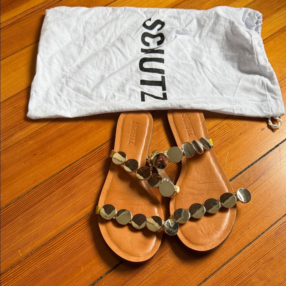 SCHUTZ Tan Leather Slides with Gold Disc Embellishments